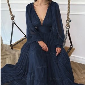 Navy A-line V Neck Full/Long Sleeve Long/Floor-Length Chiffon Stacee's Dress